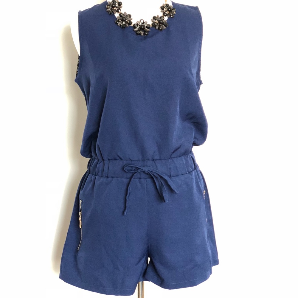 Blue sleeveless Romper Shorts with Pockets